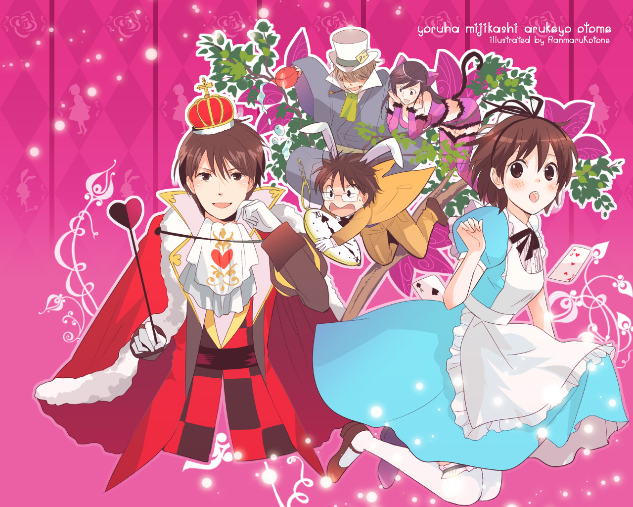 cheshire-cathanuki-ryoukohiguchi-seitaroukitaooji-yoru-wa-mijikashi-arukeyo-otomekurokami-no-otomemad-hatterqueen-of-heartssenpai-yoru-wa-mijikashi-arukeyo-otomewhite-rabbit