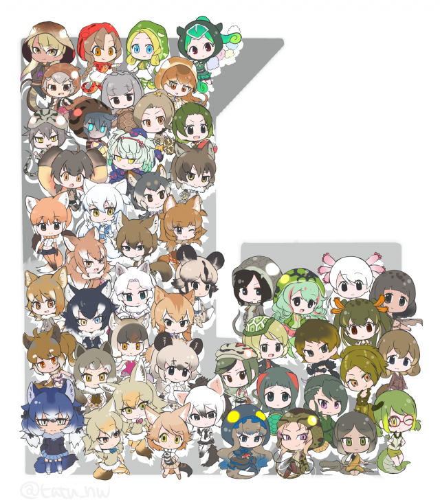 tatsuno newoaardwolf (kemono friends)+african golden wolf (kemono friends)+african rock python (kemono friends)+african wild dog (kemono friends)+alligator snapping turtle (kemono friends)+amazon tree boa