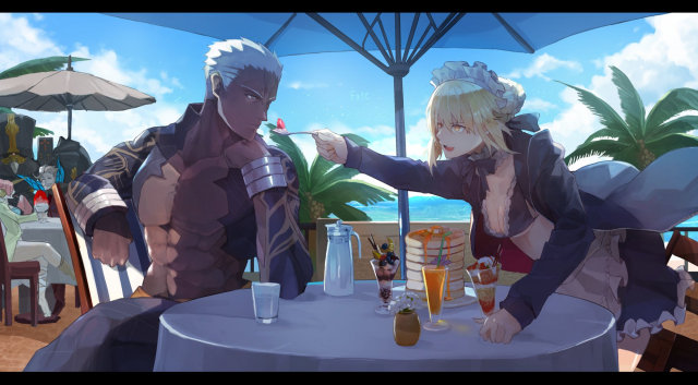 mono (jdaj)artoria pendragon (all)+artoria pendragon (swimsuit rider alter)+charles babbage (fate grand order)+emiya alter+frankenstein's monster (fate)+frankenstein's monster (swimsuit saber) (fate)+james