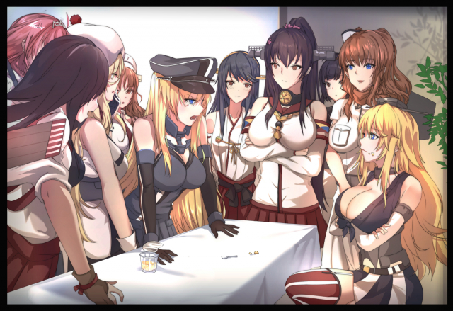 antiqqakagi (kantai collection)+akizuki (kantai collection)+ark royal (kantai collection)+bismarck (kantai collection)+haruna (kantai collection)+iowa (kantai collect
