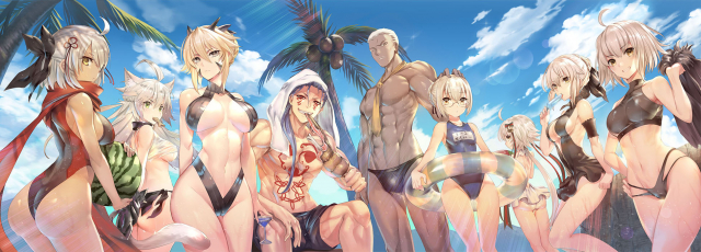 teddy (khanshin)artoria pendragon (all)+artoria pendragon (lancer alter)+artoria pendragon (swimsuit rider alter)+atalanta (alter) (fate)+atalanta (fate)+cu chulainn alter (fate grand order)+emiya alter+je