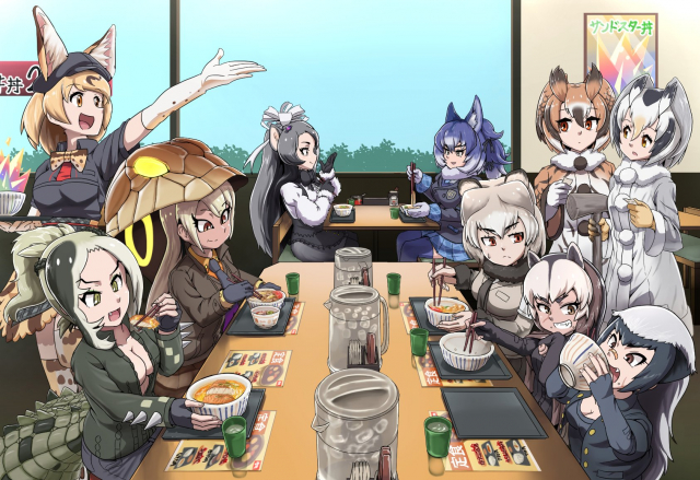 haegiwa gonbeedire wolf (kemono friends)+eurasian eagle owl (kemono friends)+giant anteater (kemono friends)+grizzly bear (kemono friends)+honey badger (kemono friends)+king cobra (kemono friends)+northern