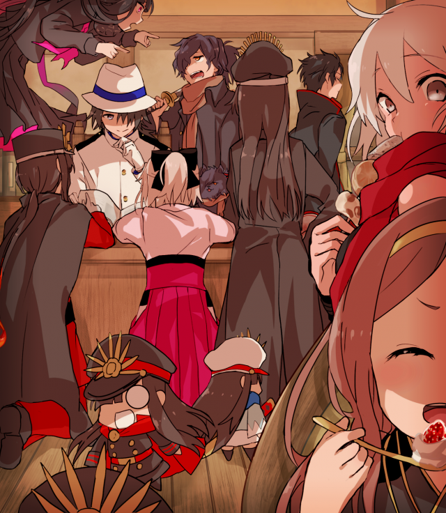 hiiragi fuyukichacha (fate grand order)+hijikata toshizou (fate grand order)+oda nobukatsu (fate grand order)+oda nobunaga (fate)+okada izou (dog)+okada izou (fate)+okita souji (alter) (fate)+okita souji (