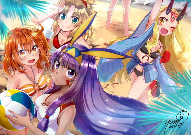 yumi yumifujimaru ritsuka (female)+ibaraki douji (fate grand order)+ibaraki douji (swimsuit lancer) (fate)+mordred (fate) (all)+mordred (swimsuit rider) (fate)+nitocris (fate grand order)+nitocris (swimsui