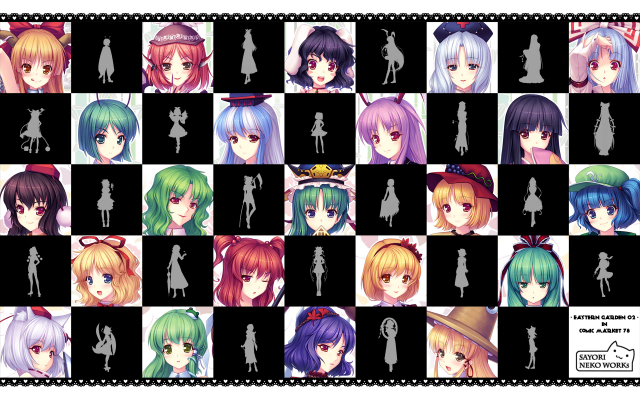sayoriaki minoriko+aki shizuha+fujiwara no mokou+houraisan kaguya+ibuki suika+inaba tewi+inubashiri momiji+kagiyama hina+kamishirasawa keine+kawashiro nitori+kazami yuuka+kochiya sanae+medicine melancholy+