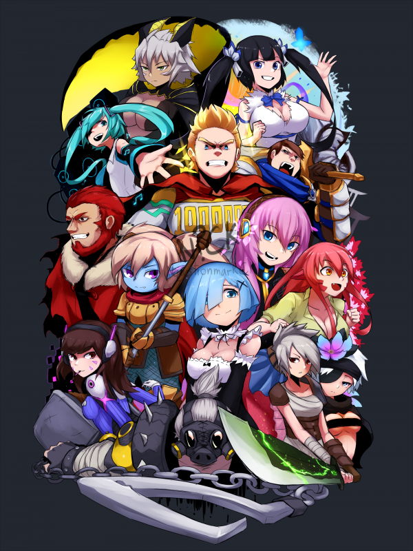 nicknicethd.va (overwatch)+flamie speeddraw+garen crownguard+hatsune miku+hestia (danmachi)+megurine luka+miia (monster musume)+poppy+rem (re zero)+rider (fate zero)+riven (league of legends)+roadhog (over