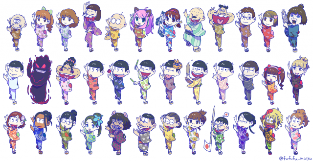 funuyuaida (osomatsu-san)+akumatsu+atsushi (osomatsu-san)+chibimi+chibita+choroko (osomatsu-san)+dayoon+dayoon girl+dekapan+dobusu (osomatsu-san)+esper nyanko+flower fairy (osomatsu-kun)+glasses boy (osoma