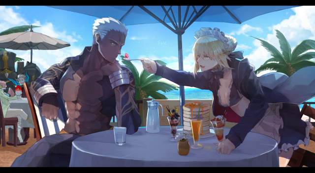 mono (jdaj)artoria pendragon (all)+artoria pendragon (swimsuit rider alter)+charles babbage (fate grand order)+emiya alter+frankenstein's monster (fate)+frankenstein's monster (swimsuit saber) (fate)+james