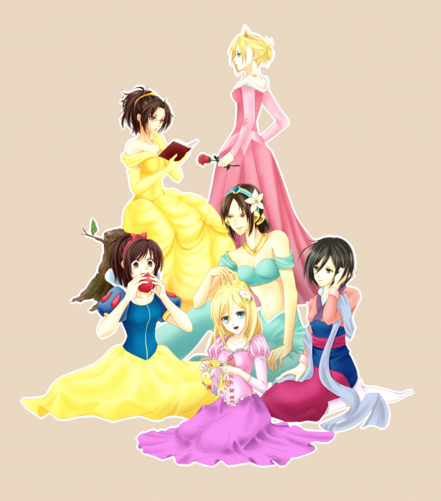 annie leonhardt+aurora (disney)+belle (disney)+christa renz+hange zoe+jasmine (disney)+mikasa ackerman+mulan+rapunzel (disney)+sasha braus+sleeping beauty (character)+snow white (disney)+ymir (shin