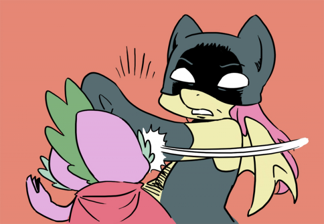 batman+fluttershy+robin (dc)+spike (my little pony)