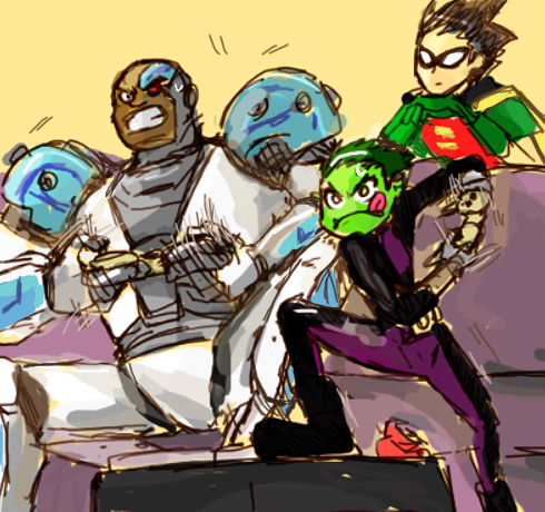 beast boy+cyborg (dc)+dick grayson+garfield logan+robin (dc)+victor stone