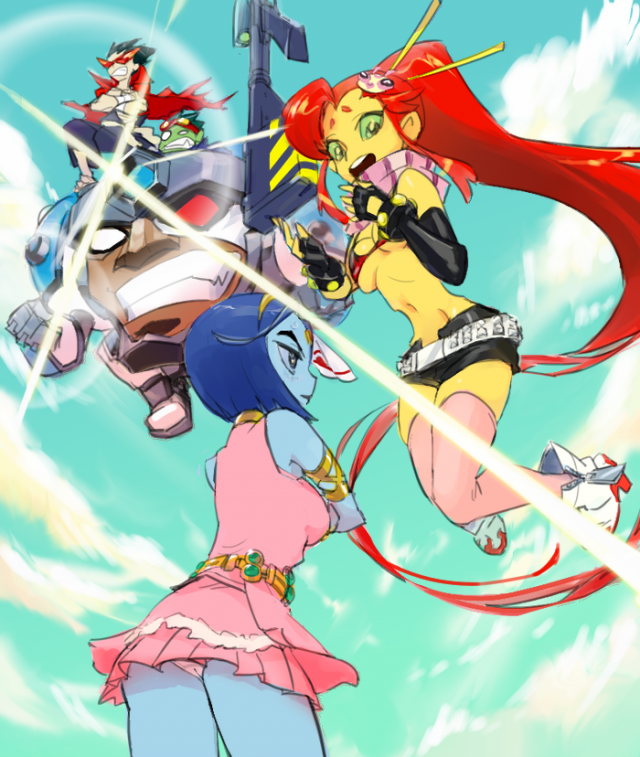 beast boy (dc)+cyborg (dc)+dick grayson+kamina+lagann+nia teppelin+raven (dc)+robin (dc)+simon+starfire+yoko littner