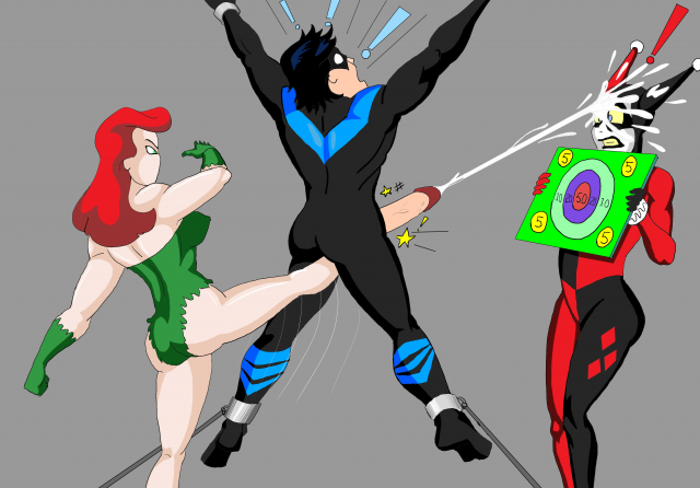 dick grayson+harley quinn+nightwing+poison ivy 