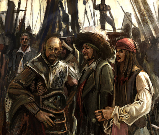 hector barbossa+jack sparrow+joshamee gibbs+sao feng