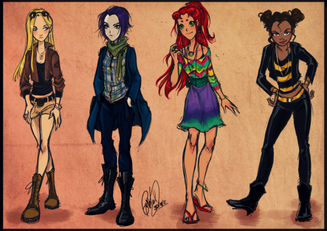 bumble bee+karen beecher+raven (dc)+starfire+terra (dc)