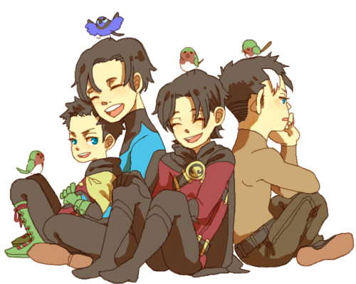 damian wayne+dick grayson+jason todd+nightwing+red hood (dc)+red robin+robin (dc)+tim drake