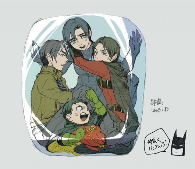 batman+bruce wayne+damian wayne+dick grayson+jason todd+nightwing+red hood (dc)+red robin+robin (dc)+tim drake