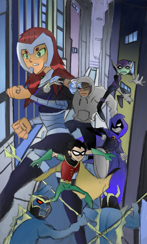 beast boy (dc)+cyborg (dc)+dick grayson+garfield logan+raven (dc)+robin (dc)+starfire+victor stone