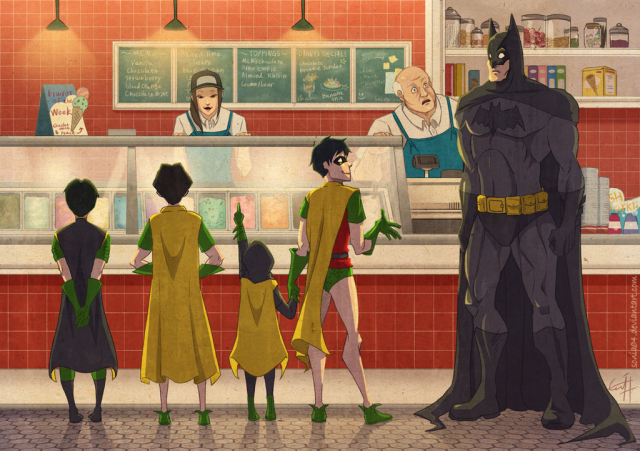 batman+bruce wayne+damian wayne+dick grayson+jason todd+robin (dc)+tim drake