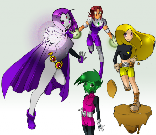 beast boy (dc)+raven (dc)+starfire+terra (dc)