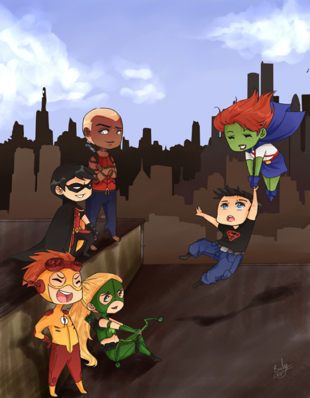 aqua lad+artemis crock+dick grayson+kaldur'ahm+kid flash+miss martian+robin (dc)+superboy+wally west