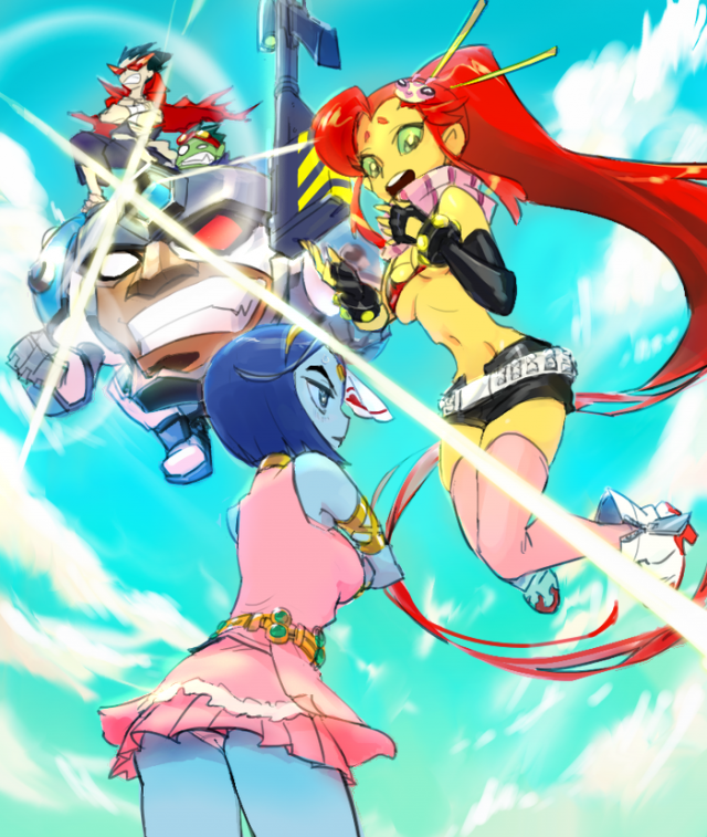 beast boy (dc)+cyborg (dc)+dick grayson+garfield logan+kamina+nia teppelin+raven (dc)+robin (dc)+simon+starfire+victor stone+yoko littner