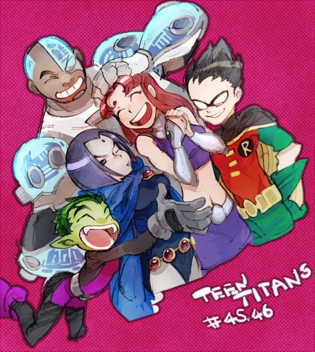 beast boy (dc)+cyborg (dc)+dick grayson+garfield logan+raven (dc)+robin (dc)+starfire+victor stone