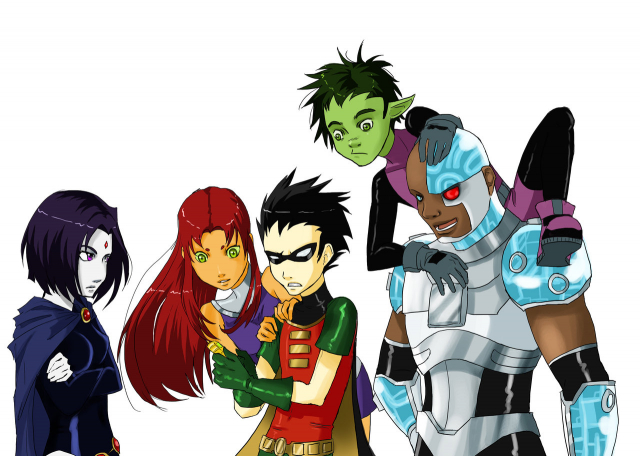 beast boy (dc)+cyborg (dc)+dick grayson+garfield logan+raven (dc)+robin (dc)+starfire+victor stone