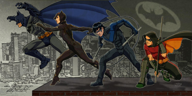 batman+bruce wayne+catwoman+dick grayson+nightwing+robin (dc)+selina kyle+tim drake