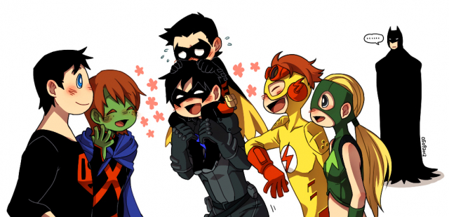 artemis crock+batman+bruce wayne+dick grayson+kid flash+miss martian+nightwing+robin (dc)+superboy+tim drake+wally west