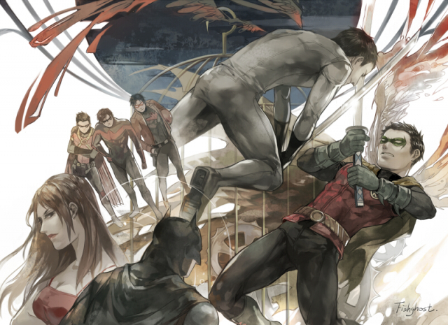batman+bruce wayne+damian wayne+dick grayson+jason todd+nightwing+red hood (dc)+red robin+robin (dc)+talia al ghul+tim drake
