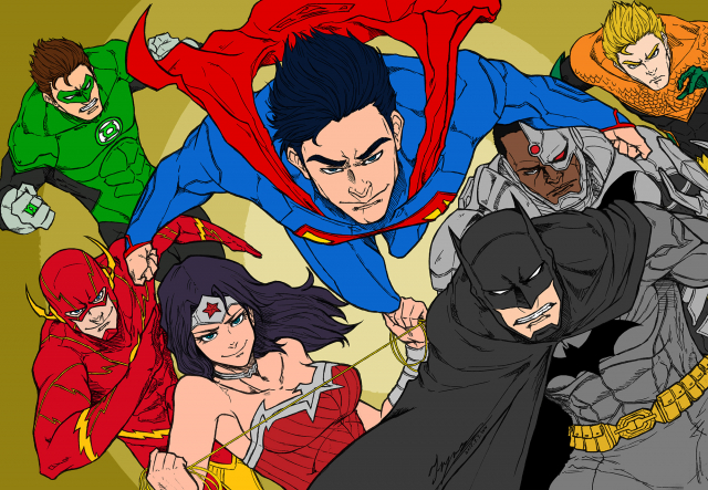 aqua man+barry allen+batman+bruce wayne+cyborg (dc)+hal jordan+superman+the flash+wonder woman