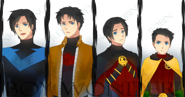 damian wayne+dick grayson+jason todd+nightwing+red hood (dc)+red robin+robin (dc)+tim drake