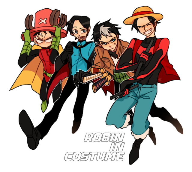 damian wayne+dick grayson+jason todd+monkey d luffy+nightwing+red hood (dc)+red robin+robin (dc)+roronoa zoro+sanji+tim drake+tony tony chopper