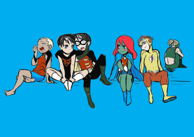 aqua lad+artemis crock+dick grayson+kaldur'ahm+kid flash+miss martian+robin (dc)+superboy+wally west