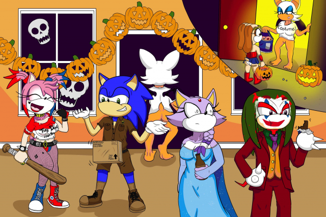 amy rose+blaze the cat+cream the rabbit+harley quinn+knuckles the echidna+rouge the bat+sonic the hedgehog+the joker+wonder woman