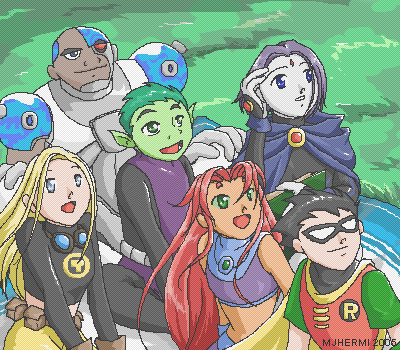 beast boy (dc)+cyborg (dc)+dick grayson+garfield logan+raven (dc)+robin (dc)+starfire+terra (dc)+victor stone