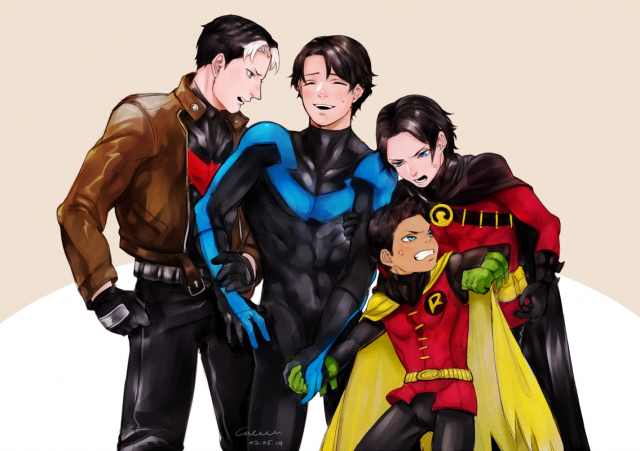 damian wayne+dick grayson+jason todd+nightwing+red hood (dc)+red robin+robin (dc)+tim drake