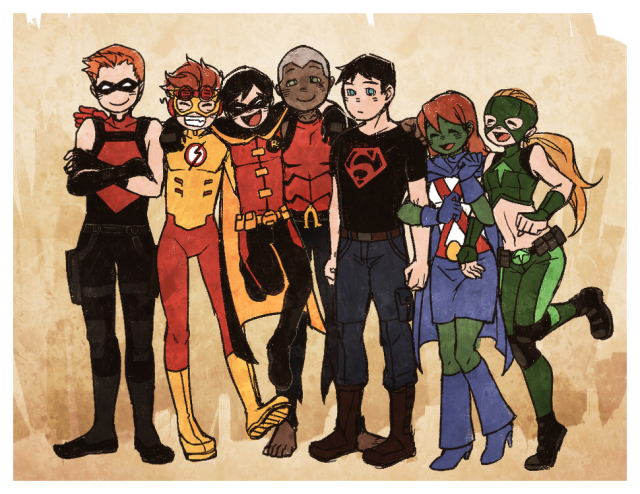 aqua lad+artemis crock+dick grayson+kaldur'ahm+kid flash+miss martian+red arrow+robin (dc)+roy harper+superboy+wally west