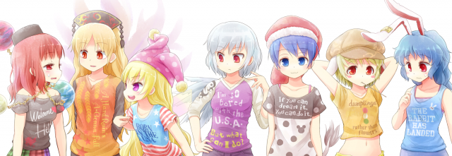 clownpiece+doremy sweet+hecatia lapislazuli+junko (touhou)+kishin sagume+mickey mouse+ringo (touhou)+seiran (touhou)