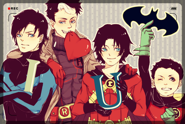 damian wayne+dick grayson+jason todd+nightwing+red hood (dc)+red robin+robin (dc)+tim drake