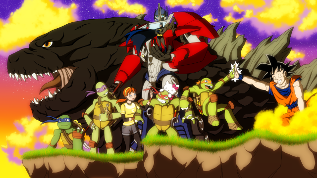 april o'neil+batman+donatello+flying nimbus+godzilla+kitty+leonardo+michelangelo+optimus prime+raphael+son gokuu