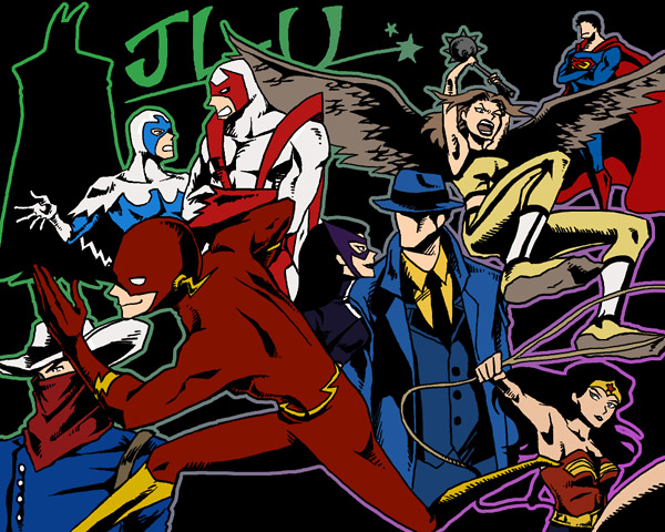 batman+bruce wayne+clark kent+don hall+dove (dc)+hank hall+hawk (dc)+hawkgirl+huntress+superman+the flash+the question+wally west+wonder woman