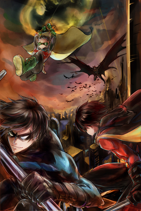 batman+bruce wayne+damian wayne+dick grayson+nightwing+robin (dc)+tim drake
