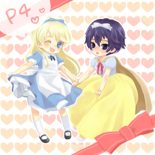 alice (wonderland)+kuma (persona 4)+shirogane naoto+snow white (disney)