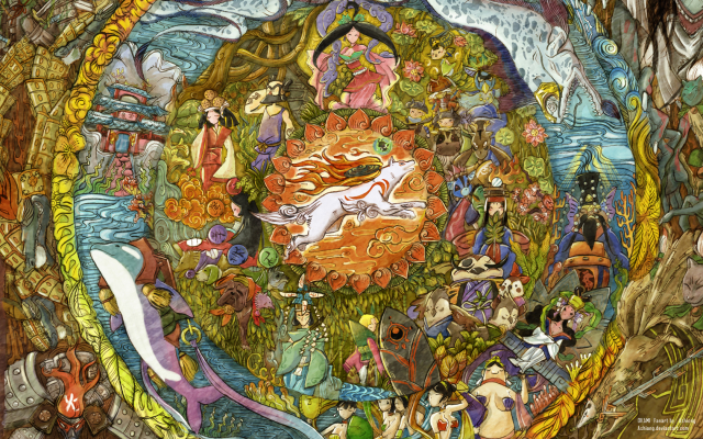 amaterasu+himiko (ookami)+issun+kai (ookami)+kuro (ookami)+princess fuse+rao+sakuya (ookami)+susano+susanoo (ookami)+tsuzurao