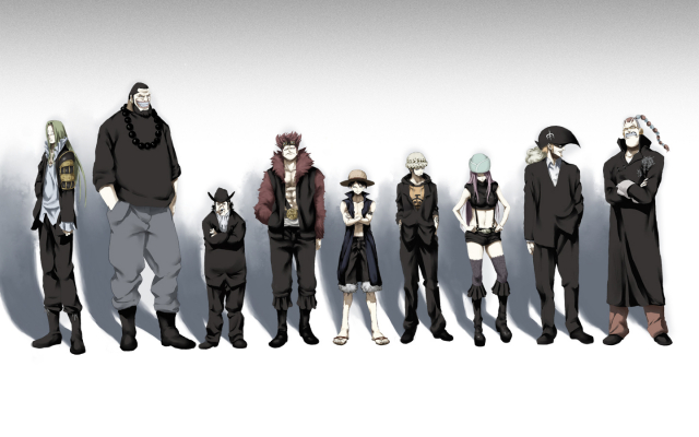 basil hawkins+capone gang bege+eustass captain kid+jewelry bonney+monkey d luffy+scratchmen apoo+trafalgar law+urouge+x drake