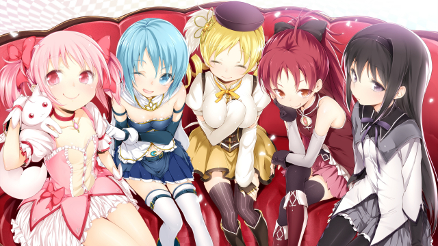 akemi homura+kaname madoka+kyubey+miki sayaka+sakura kyouko+tomoe mami