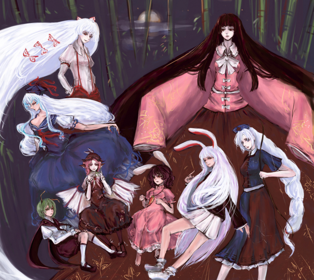 fujiwara no mokou+houraisan kaguya+inaba tewi+kamishirasawa keine+mystia lorelei+reisen udongein inaba+wriggle nightbug+yagokoro eirin