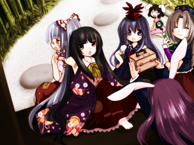 fujiwara no mokou+houraisan kaguya+inaba tewi+kamishirasawa keine+reisen udongein inaba+yagokoro eirin